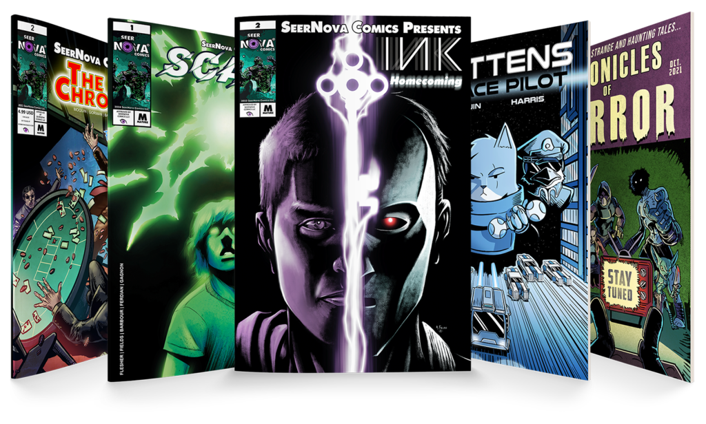 A display of several comic books published by the independent comic book publishing company, SeerNova Comics. The comics displayed include "The Seer Chronicles: Family Matters Issue 2", "Scales: Trip to Galli Issue 1", "INK: Homecoming Issue 2", "Mittens: Space Pilot 2", and "Chronicles of Horror Issue 2"